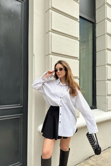 Oversize Çizgili Gömlek Beyaz