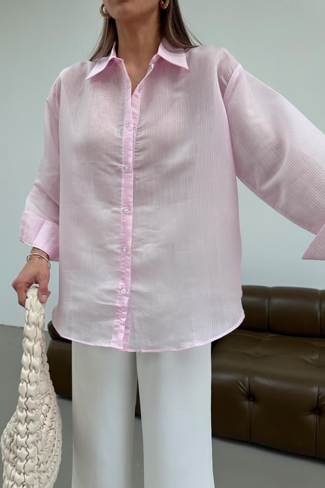 Oversize Çizgili İpek Gömlek Pembe
