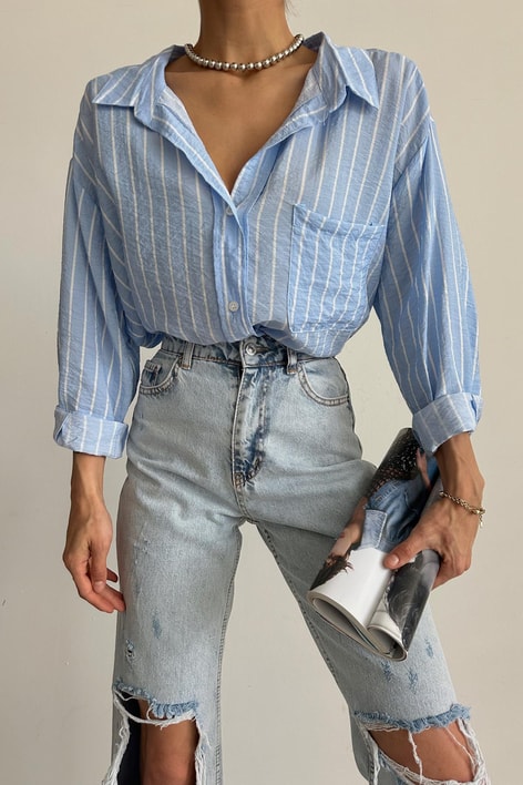 Oversize Dökümlü Gömlek Mavi