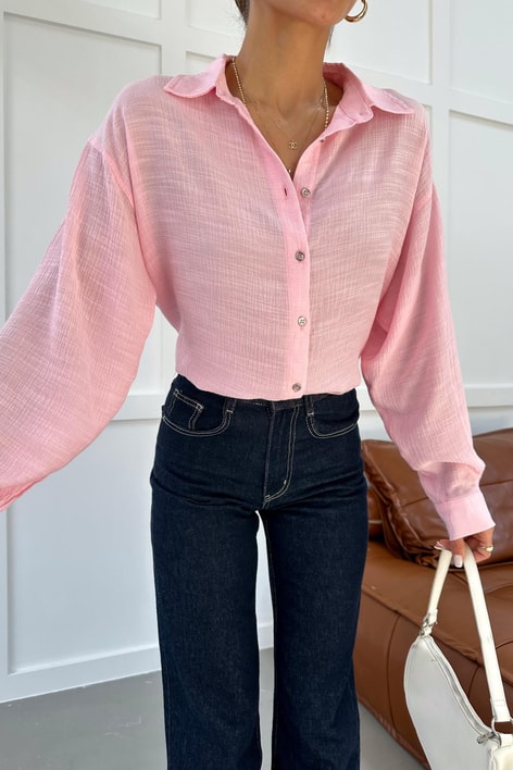 Oversize Dökümlü Gömlek Pembe