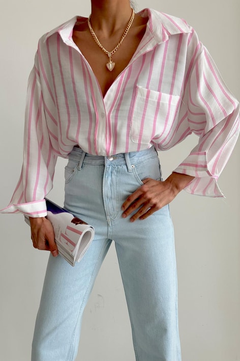 Oversize Dökümlü Gömlek Pembe