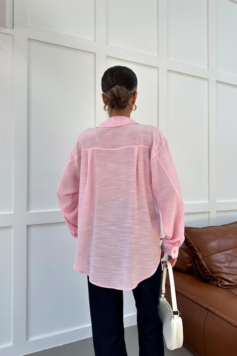 Oversize Dökümlü Gömlek Pembe