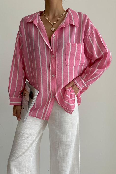 Oversize Dökümlü Gömlek Şeker Pembe