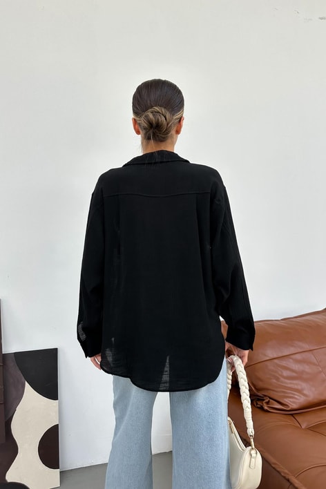 Oversize Dökümlü Gömlek Siyah