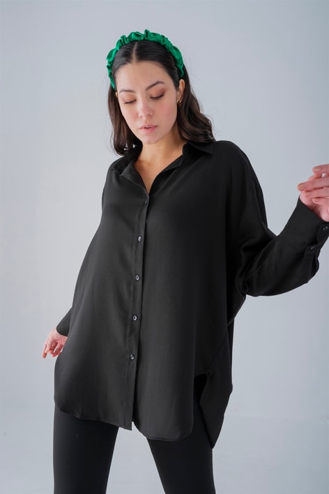 Oversize Fitilli Gömlek Siyah