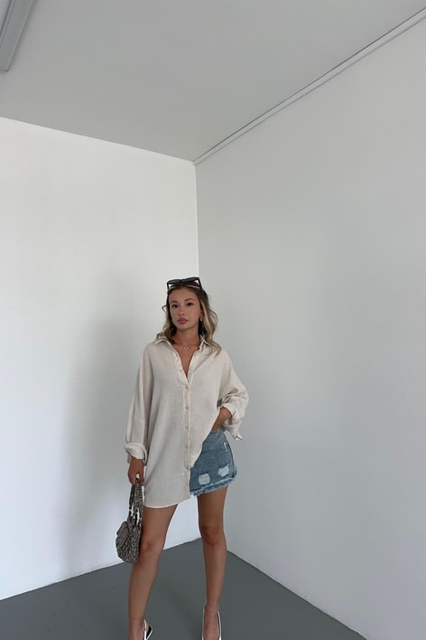 Oversize Ham Keten Gömlek Taş