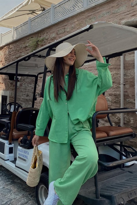 Oversize Ham Keten Gömlek Yeşil