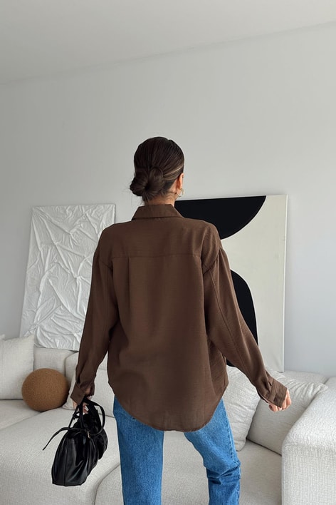 Oversize Keten Gömlek Acı Kahve