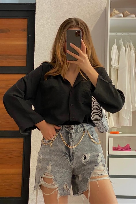 Oversize Keten Gömlek Siyah
