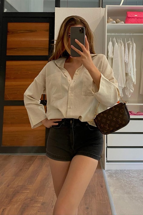 Oversize Keten Gömlek Taş