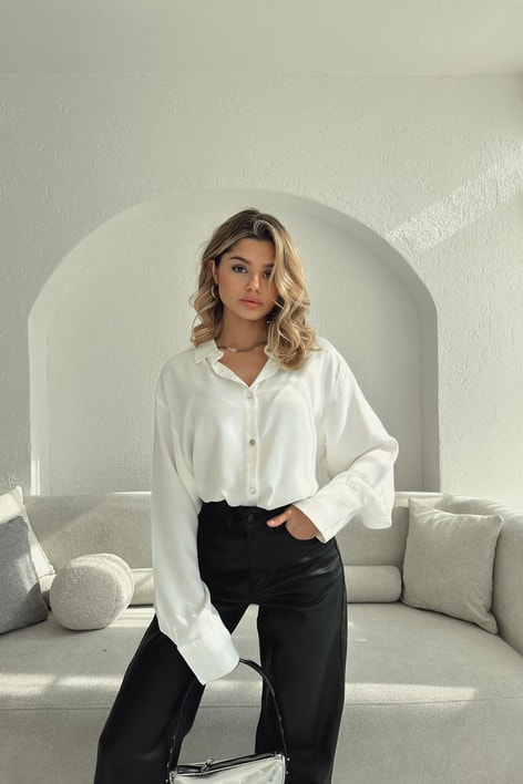 Oversize Saten Gömlek Beyaz