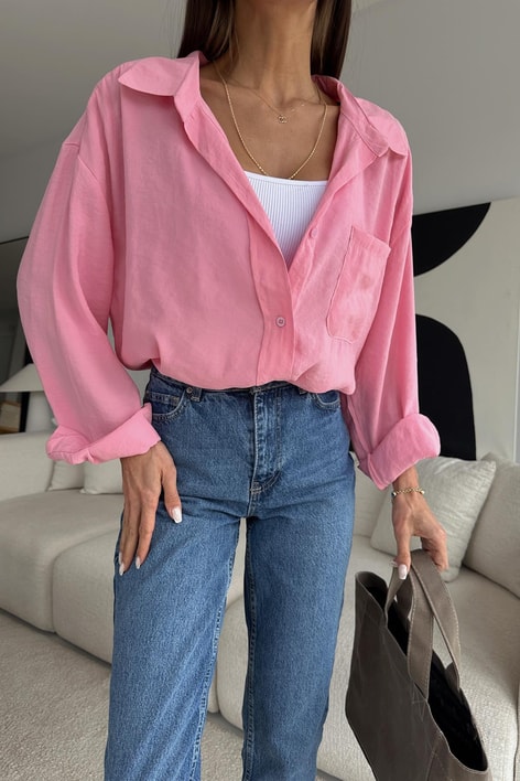 Oversize Tensel Gömlek Pembe