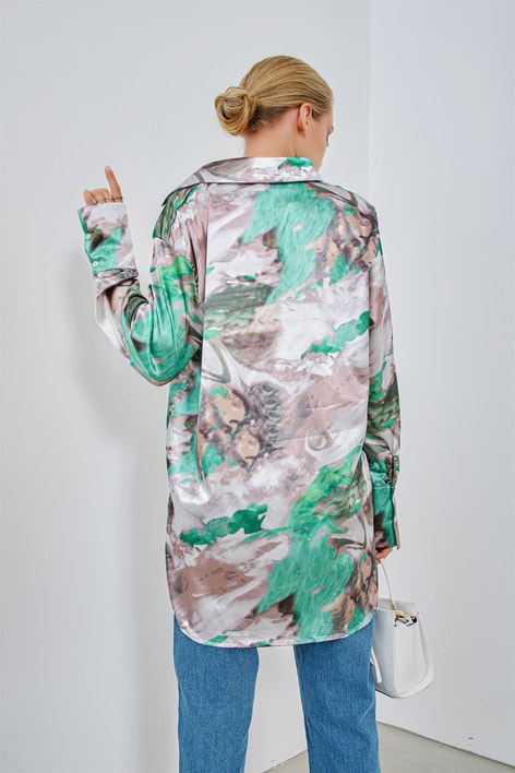 Pastel Oversize Saten Gömlek Yeşil