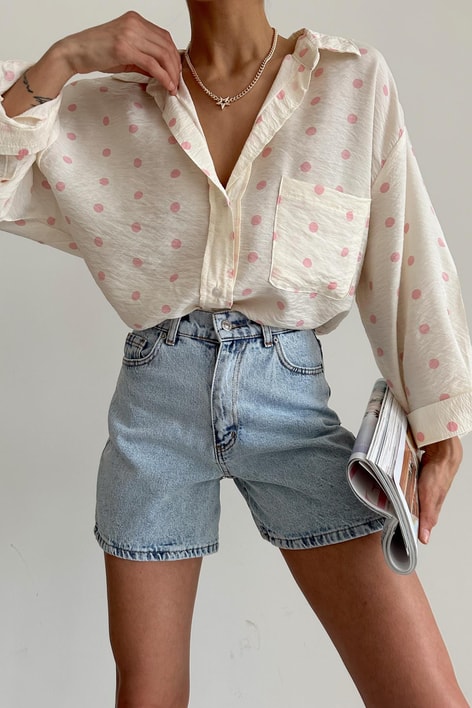 Puantiyeli Oversize Gömlek Pembe