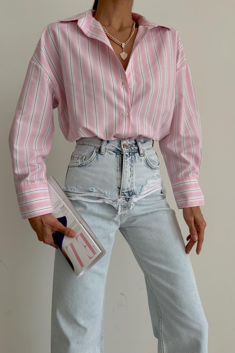 Relax Kesim Çizgili Gömlek Pembe