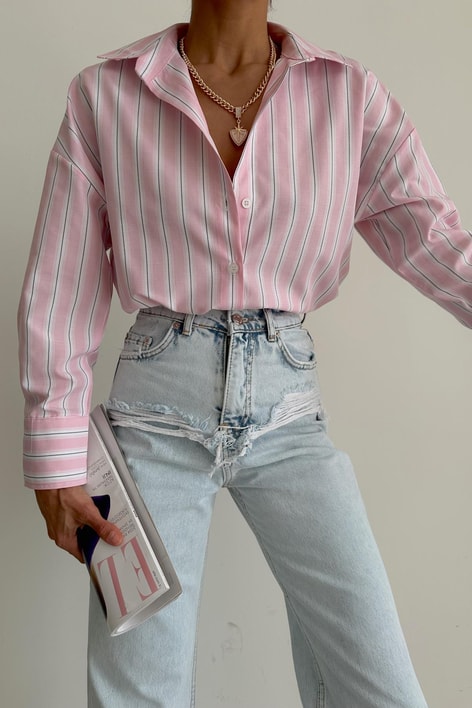 Relax Kesim Çizgili Gömlek Pembe