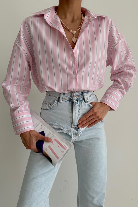 Relax Kesim Çizgili Gömlek Pembe