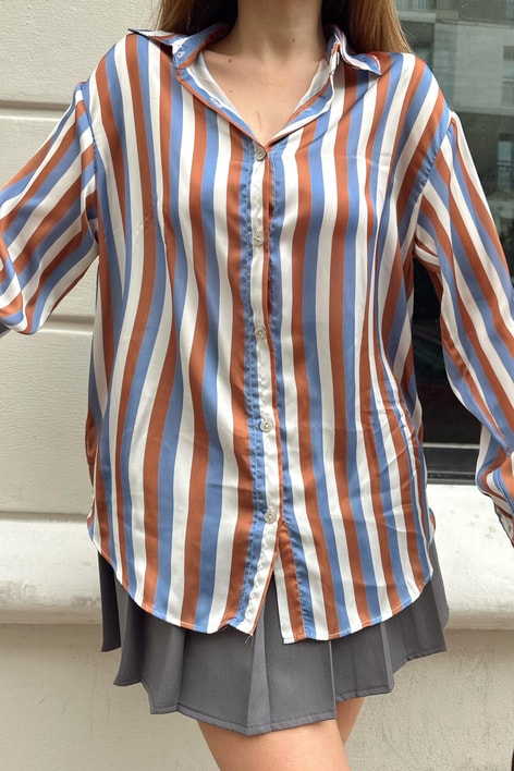 Saten Çizgili Gömlek Kahve