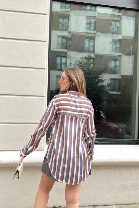 Saten Çizgili Gömlek Kahve