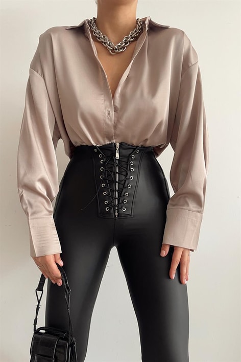 Saten Oversize Gömlek Bej