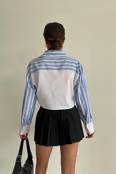 Şerit Detay Crop Gömlek Mavi