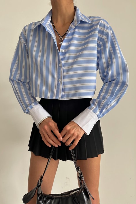 Şerit Detay Crop Gömlek Mavi