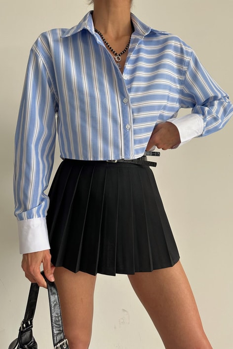 Şerit Detay Crop Gömlek Mavi