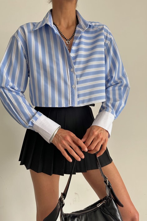 Şerit Detay Crop Gömlek Mavi