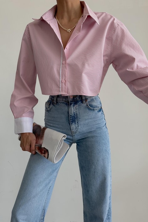 Şerit Detay Crop Gömlek Pembe