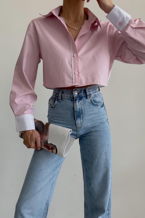 Şerit Detay Crop Gömlek Pembe