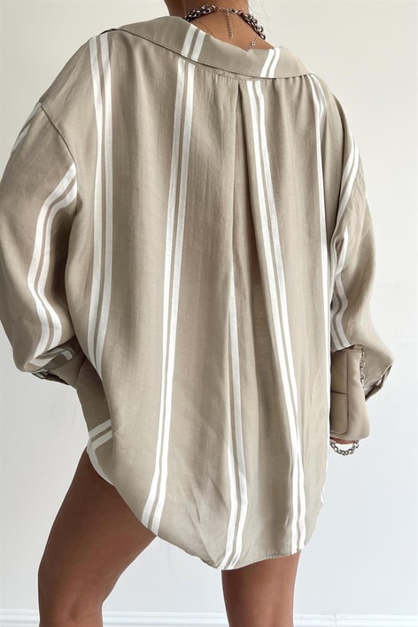 Şeritli Oversize Stripe Gömlek Bej