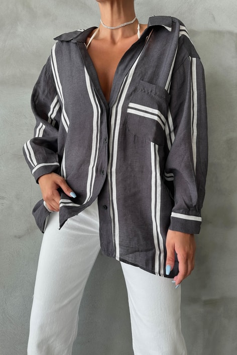 Şeritli Oversize Stripe Gömlek Siyah