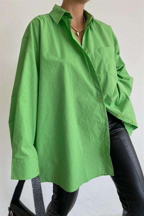 Sırt Düğme Detay Poplin Gömlek Fıstık Yeşili