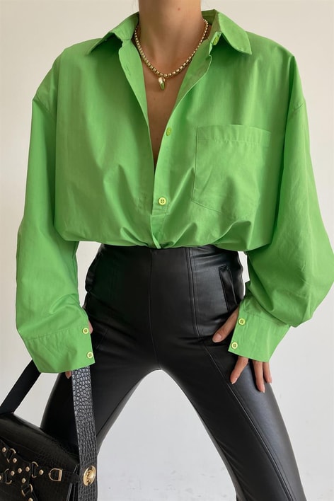 Sırt Düğme Detay Poplin Gömlek Fıstık Yeşili