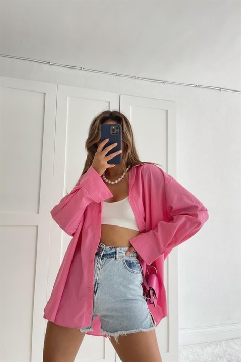 Sırt Düğme Detay Poplin Gömlek Pembe