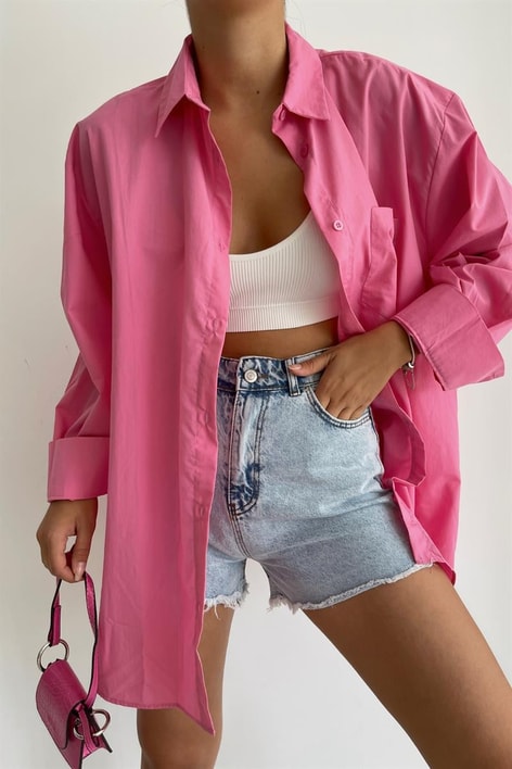 Sırt Düğme Detay Poplin Gömlek Pembe