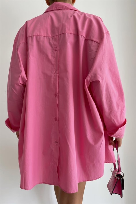Sırt Düğme Detay Poplin Gömlek Pembe