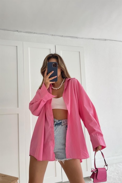 Sırt Düğme Detay Poplin Gömlek Pembe