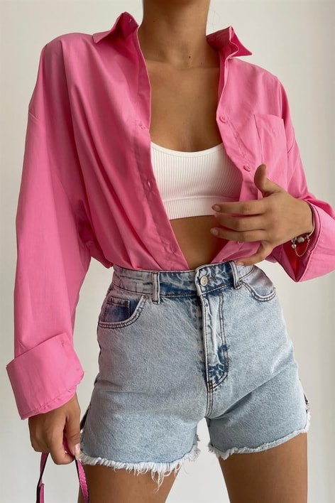 Sırt Düğme Detay Poplin Gömlek Pembe