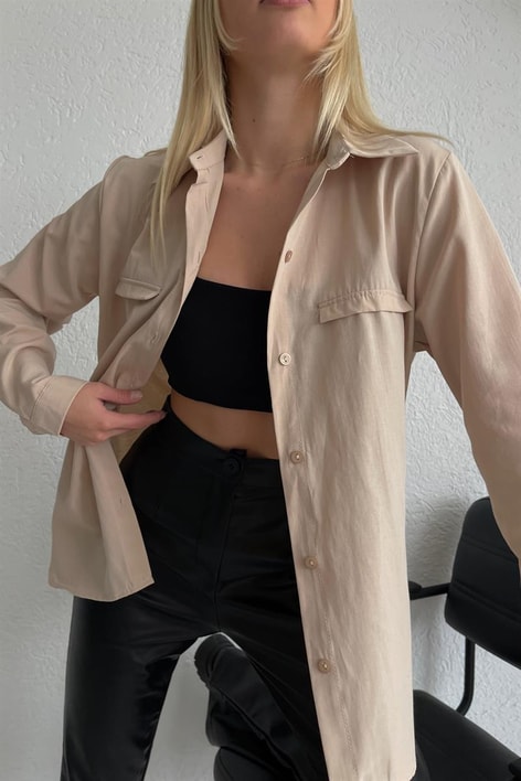 Süs Cep Detay Basic Gömlek Bej