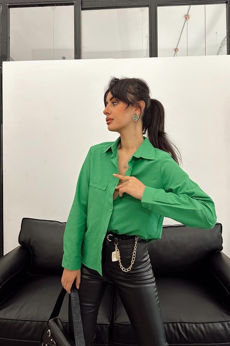 Süs Cep Detay Basic Gömlek Benetton Yeşili