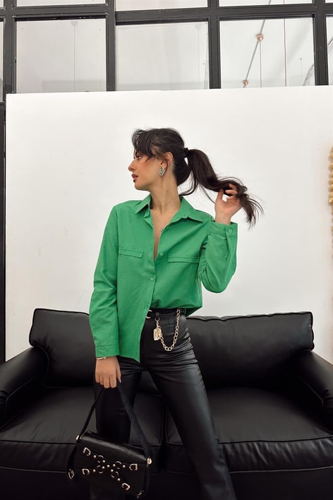 Süs Cep Detay Basic Gömlek Benetton Yeşili