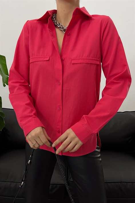 Süs Cep Detay Basic Gömlek Fuşya