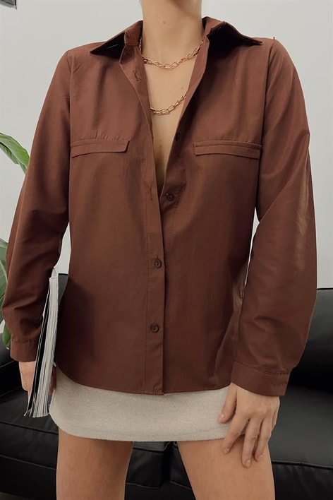 Süs Cep Detay Basic Gömlek Kahve