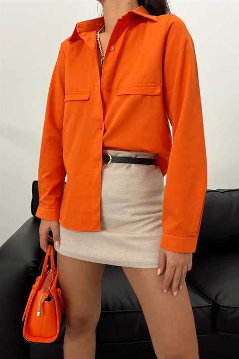 Süs Cep Detay Basic Gömlek Oranj