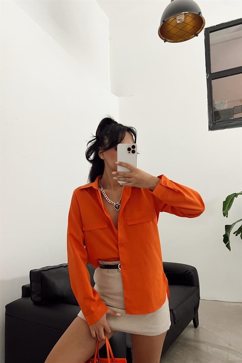 Süs Cep Detay Basic Gömlek Oranj