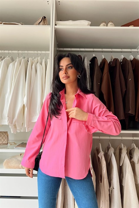 Süs Cep Detay Basic Gömlek Pembe