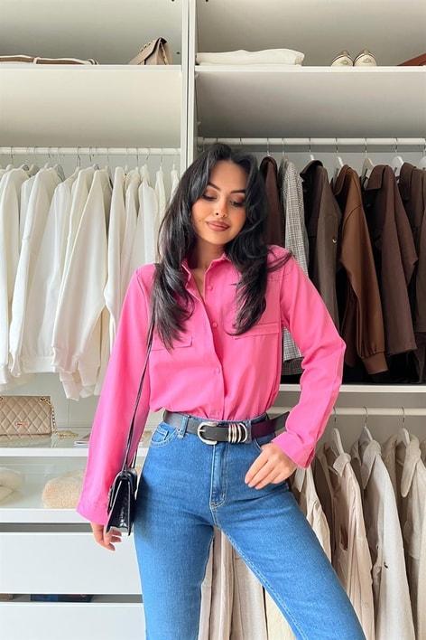 Süs Cep Detay Basic Gömlek Pembe