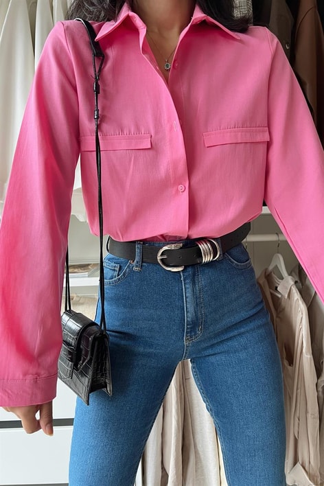 Süs Cep Detay Basic Gömlek Pembe