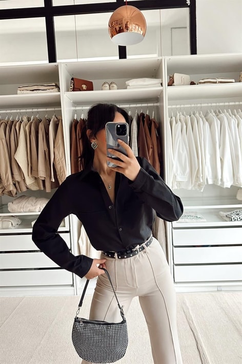 Süs Cep Detay Basic Gömlek Siyah